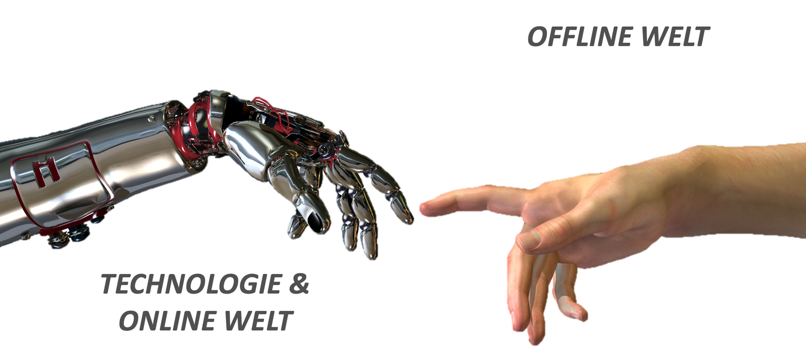 Ein Roboterarm und eine menschliche Hand strecken sich aus, um sich zu berühren, symbolisierend die Zusammenarbeit zwischen Technologie und der realen Offline-Welt, Kollaborative Intelligenz.