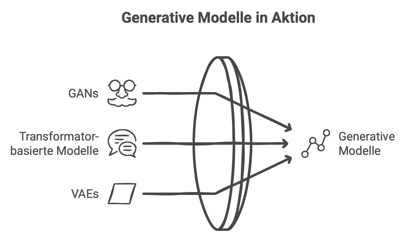 Illustration der Funktionsweise Generative Modelle: GANs, Transformatoren und VAEs als Säulen eines Tempels.